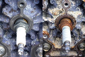 Salt curoded engine block with old sparks. Before and after picture